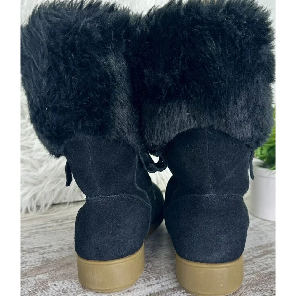 LANDS' END Mendota Snow Boot Women's Size 7.5 Black Suede Faux Fur PullOn 420483